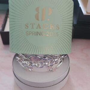 bp Silver Bracelet Stack with Light Pink Stones